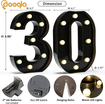 Pooqla Decorative Led Light Up Number Letters, Black Plastic Marquee Number Lights Sign for 30th Birthday Party Wedding Decor Battery Operated Black Decoration 30