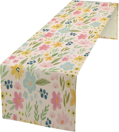 Floral Table Runner, Boho Style Watercolor Flower Green Leaf Plant Rectangle Table Decoration for Dining, Party, Holiday,13in（33cm） W * 120in（305cm） L