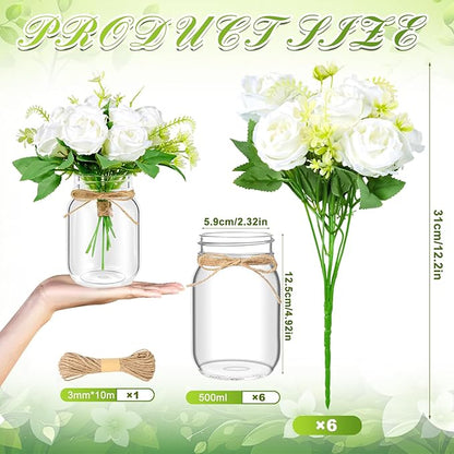 6 Set Centerpiece Table Decorations Mason Jar Table Centerpiece with Flower Mason Jar Wedding Centerpieces Vases Decor for Reception Engagement Party Bridal Shower (White Rose)