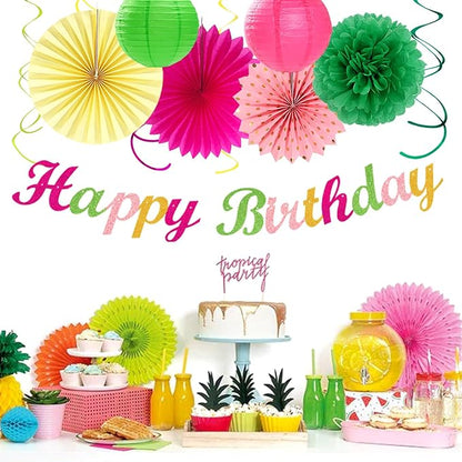 Hawaiian Luau Birthday Party-Decorations Supplies - 21pcs Happy Banner,Beach Paper Lanterns Honeycomb,Flamingo Pool Streamers Garland,Summer Tissue Pom Poms Flowers Fans,Tropical Tiki Decor Burgleda