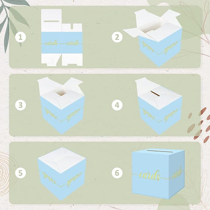 QIKSION Light Blue Wedding Card Box, Gold Foil Gift Card Box for Party, Wedding Reception, Birthday, Baby Shower, Raffle, Graduation