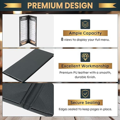 12 Pack 2 View Menu Holder Menu Covers 4.25" x 11" | Black Leather Menu Sleeves Book Style for Restaurant Coffee Bars Wine List