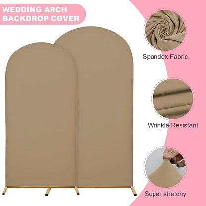 Wedding Arch Covers Arch Backdrop Cover Arch Stand Covers 7.2FT 6.6FT 6FT Set of 3 Arch Cover Spandex Fabric Stretchy Backdrop for Wedding Birthday Party Decoration Baby Shower (Khaki)