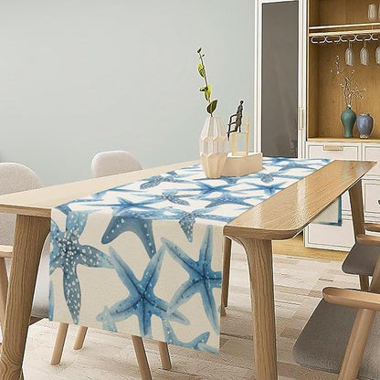 Starfish Plaid Table Flag Green Plaid and Marine Life Starfish Kitchen Table Flag Suitable for Birthday Party Restaurant Decoration Outdoor Picnic 13 * 90 Inch