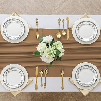 2 Pack 10 Ft Chiffon Table Runner Brown Gauze Long Table Runners 27x120 Inches Sheer Tulle Table Runner for Rustic Wedding Reception Bridal Shower Decorations Birthday Party