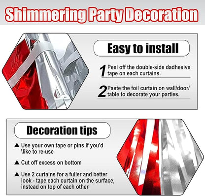 6 Pack Red Silver Foil Fringe Curtain Backdrop, 3.28Ft x 8.2Ft Metallic Tinsel Foil Fringe Streamer Curtains for Photo Booth, Birthday, Wedding, New Year Party Decorations