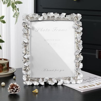 Cuspin Silver 8x10 Picture Frame, Vintage Silver Ornate Leaf Textured Hand-Crafted Resin with Glass Front Antique Photo Frame for Tabletop Display, Retro Design Home Decor