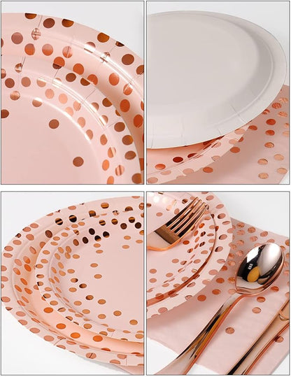 141 Pieces Pink and Rose Gold Party Supplies, Party Dinnerware Sets Include Paper Plates Napkins Cups Silverware, for Wedding Bridal Shower Engagement Birthday Parties Decoration -20 Serves