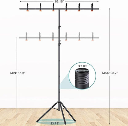 T-Shape Backdrop Stand 8x5.3FT, Height and Width Adjustable Background Stand for Parties,Green Screen Holder with 6 Spring Clamps