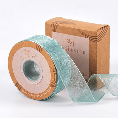1 Inch Wide Sheer Chiffon Ribbon - Pearl Silk Woven Ribbon Suitable for Gift Wrapping, Wedding Decor, Home Decor, Girl Hair Accessories Handmade DIY (25 Yards/roll) (Light Dark Green)