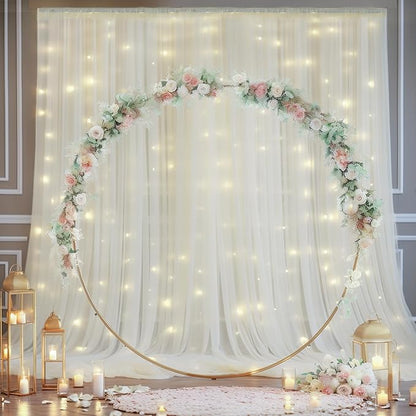10×10ft Cream White Tulle Backdrop Curtain with Lights String for Parites, Sheer Photo Curtain Backdrop Drapes for Wedding Party Photography Backgrounds