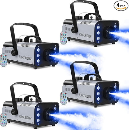 1200W RGB Fog Machine, 6 Colorful LED Lights for Smoke Machine Indoor/Outdoor Use, Perfect for Halloween Parties, Weddings, and Stage Effects 4PC