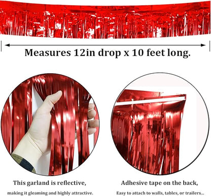 6 Pack Red Total 60 Feet Foil Fringe Garland Metallic Tinsel Banner Wall Hanging Drapes Parade Float Skirting Decorations for Trailer Mardi Gras Party Birthday Wedding (Red)