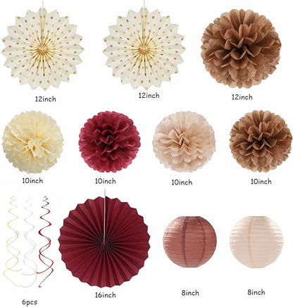 Brown Burgundy Champagne Dusty-Pink Party-Decorations - 33pcs Banner,Streamers Tassel Garland,Fall Boho Baby Shower,Wedding Tissue Pom Poms Honeycomb,Paper Lantern Fan,Birthday,Engagement Hugtmr
