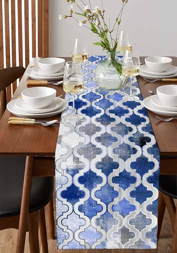 Blue Morocco Plaid Cotton Linen Table Runner for Dining Kitchen, Wedding Outdoor Party Tablerunners Decoration, Distressed Abstract Painted Vintage Dresser Scarf Coffee Tablecloth Runners 13x60 Inches