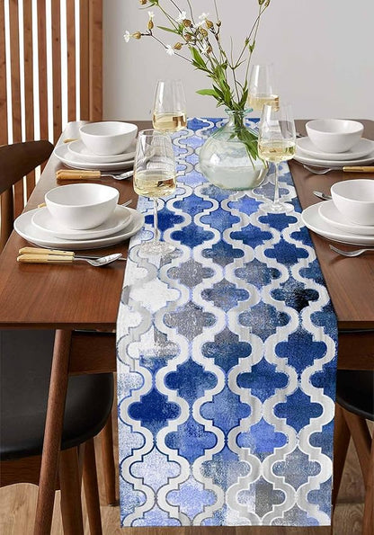 Blue Morocco Plaid Cotton Linen Table Runner for Dining Kitchen, Wedding Outdoor Party Tablerunners Decoration, Distressed Abstract Painted Vintage Dresser Scarf Coffee Tablecloth Runners 13x36 Inches