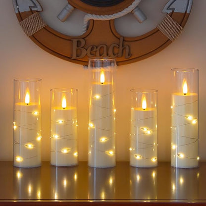 Ivory Flameless Candles with Remote and String Light, 2.2"x 5",5",6",7",7",8" LED Battery Operated Plastic Flickering Timer Pillar Candles(Pack of 6,Turn On/Off String Light Mode)