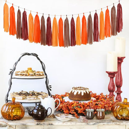 Brown Burgundy Orange Party-Decorations Tassel-Garland - 20pcs Fall Autumn Thanksgiving Harvest Tassels, Rustic Boho Wedding Birthday Baby Shower Decor Panduola