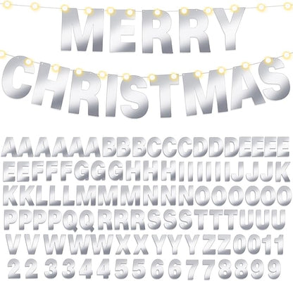 TaoBary 112 Pcs DIY Letter Kit Glitter Customizable Banner Letters Include 107 Letters and Numbers 3 Rope and 2 Needles for Birthday Halloween Christmas Wedding Valentine Party Decor(Glossy Silver)