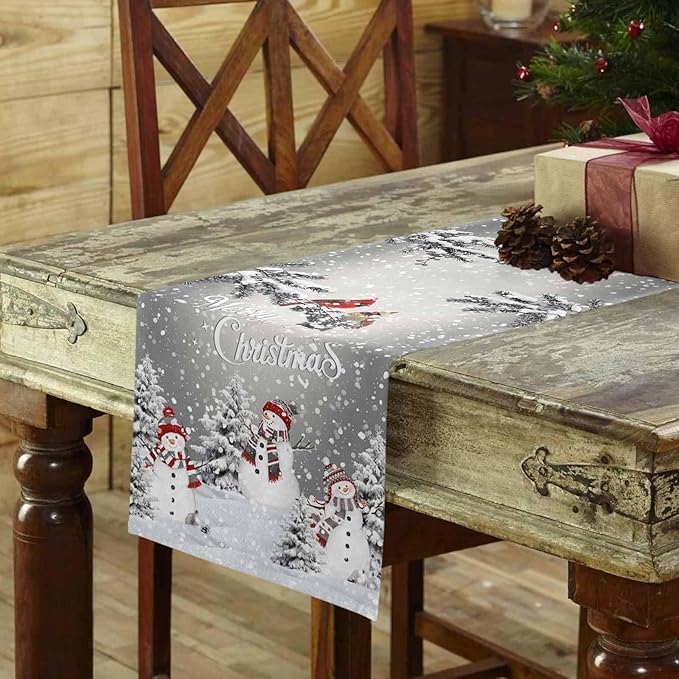 Christmas Snowman Cotton Linen Table Runner for Dining Kitchen, Snowflakes Xmas Pine Tree Wedding Outdoor Party Tablerunner Decoration Winter Bird Dresser Scarf Coffee Tablecloth Runners 13x60 Inches