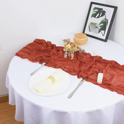 Snowkingdom 6PCS 13Ft Terracotta Cheesecloth Table Runner Bulk, 160inch Long Rust Cheese Cloth Boho Gauze Runner for Wedding Bridal Shower Rustic Sheer Fall Thanksgiving Table Decorations