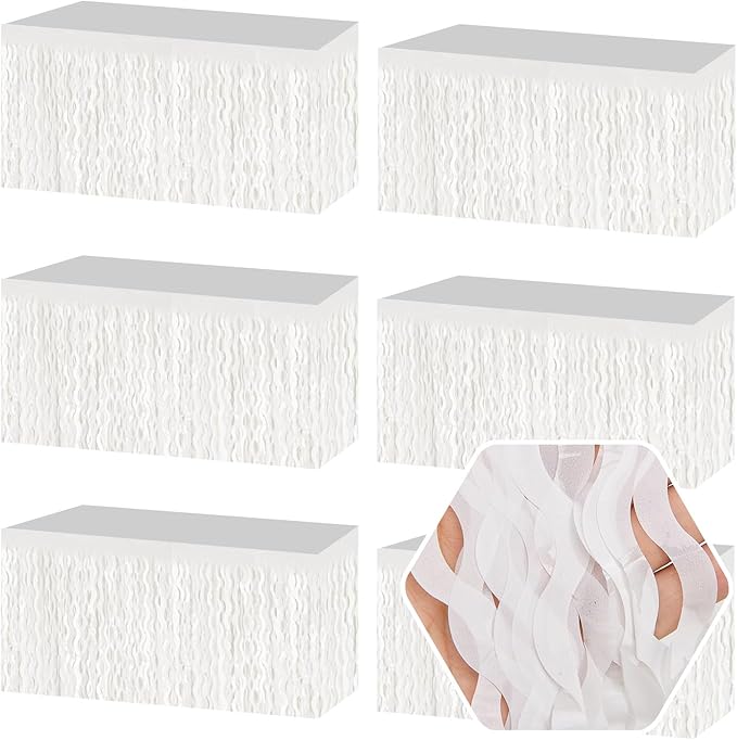 6 Pack 29 x108 Inch Macaron White Wave Foil Fringe Table Skirts Metallic Banner for Tinsel Streamer Garland Backdrop for Parade Floats, Mother's Day, Easter, Wedding, Birthday Party Decoration