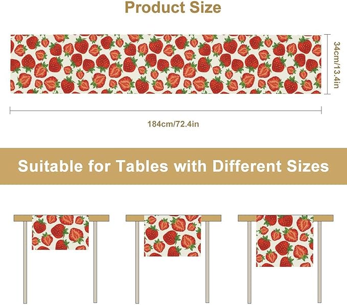 Strawberry Table Runner,Spring Summer Fruit Print Table Runner for Kitchen Dining Table Home Party Decoration 13x90 Inch