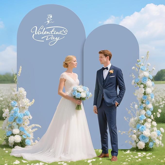 Arch Backdrop Stand and Cover Set 6FT 7.2FT Dusty Blue Arch Backdrop Covers Set of 2 Gold Metal Arch Frame Spandex Arched Covers for Birthday Party Banquet Wedding Ceremony Decor