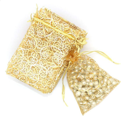 Staruby Organza Gift Bags 100Pcs Gold Sheer Organza Bag 4x6 Inch Mesh Favor Bags Drawstring Jewelry Rattan Printed Gift Pouches for Wedding Party Favors Couple Shower Christmas Gifts Candy Bags