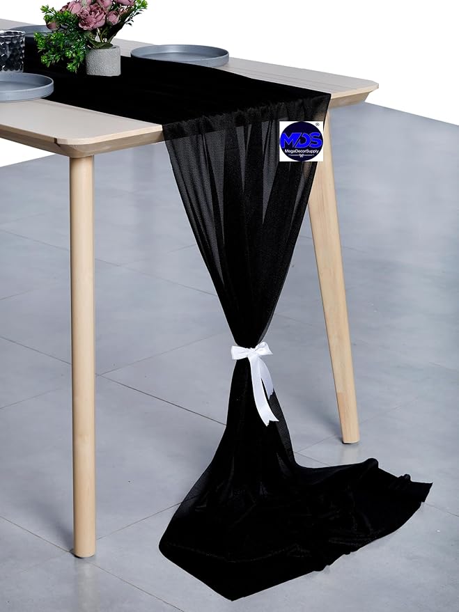 MDS Halloween Chiffon Table Runner - 10 Pack, 29 x 120 Inches, 10ft Each - Sheer Spooky Table Runners for Haunted House Parties, Trick-or-Treat Tables, Witchy Décor, Wedding & Events - Black