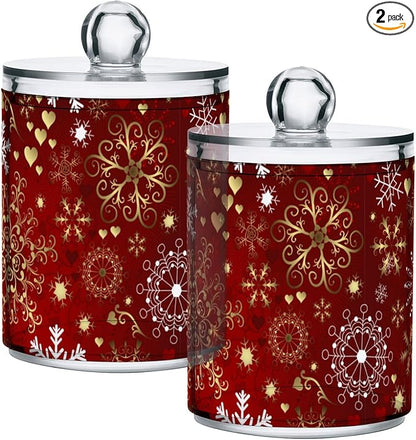 Gredecor Christmas Winter Qtip Holder Dispenser 2 Pack Gold and White Snowflakes Apothecary Jars with Lids Bathroom Vanity Countertop Canister Storage Organizer for Cotton Ball,Swabs,Pads,Floss
