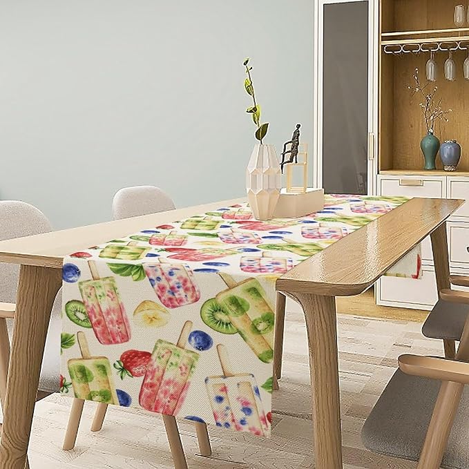 Ice Cream Table Runner, Watercolor Fruit Ice Popsicles Berry Kiwi Cold Summer Desserts Seasonal Dinner Runner for Party Holiday Home Kitchen Dining Table Decor 13"x70"
