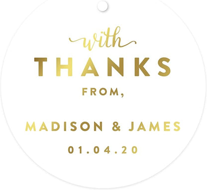 Andaz Press Personalized Round Circle Wedding Gift Tags, Metallic Gold Ink, with Thanks from, 24-Pack, Custom Made Any Name