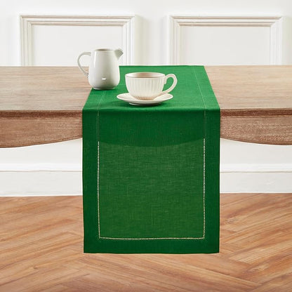Solino Home Linen Garden Green Table Runner 132 Inches Long - 100% Pure Linen Extra Long Table Runner 14 x 132 Inch for Christmas - Classic Hemstitch