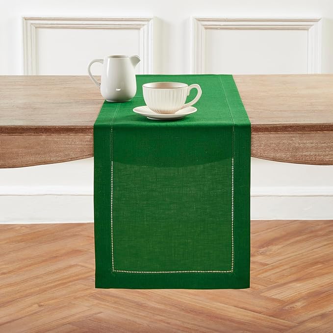 Solino Home Linen Garden Green Table Runner 90 Inches Long - 100% Pure Linen Hemstitch 14 x 90 Inch Table Runner for Dining, Christmas - Classic Hemstitch