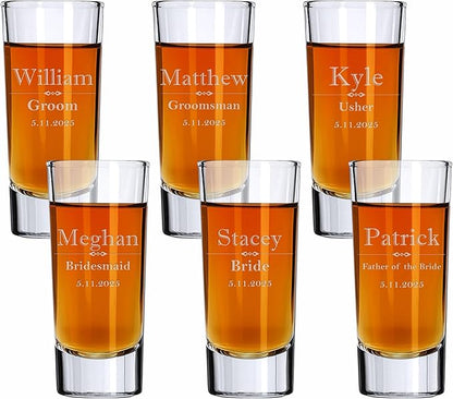 Custom Engraved Shot Glass – 2oz Tall Clear Glass – Personalized Gift for Wedding Party – Classic Etched Barware Keepsake for Groomsmen, Bridesmaids, and More (6)