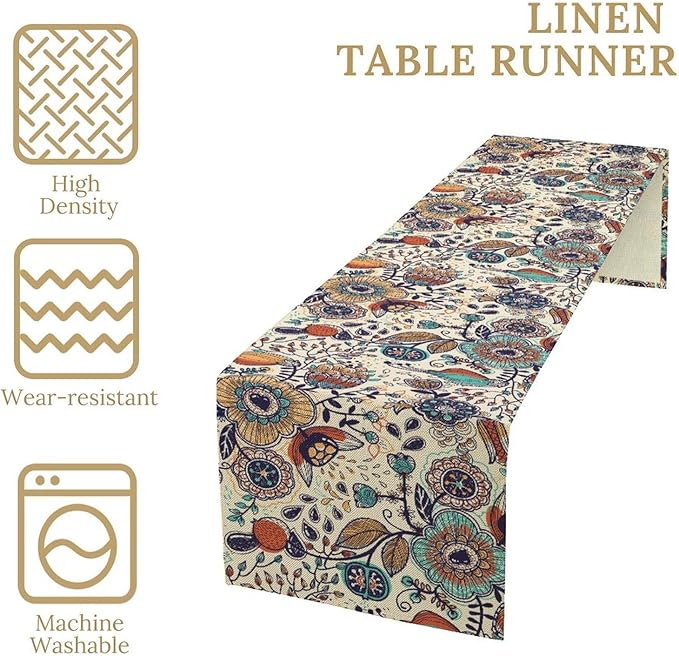 Boho Floral Table Runner,Vintage Flowers Tropical Plants Country Style Table Cloth Kitchen Dining Table Home Party Decoration 13x120 Inch
