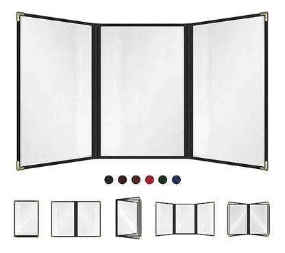 Goodsmart Restaurant Menu Covers – 25 Pack Black 6-View Trifold 8.5" x 14", Side-Loading Vinyl & Plastic Menu Holders, Clear Menu Sleeves, Leather-Style Café Covers with Gold Corners