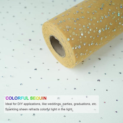 Glitter Tulle Rolls, 6” by 50 Yards (150FT) Sequin Tule Netting Fabric Tulle for Tutu Skirts Sewing Birthday Wedding Party Decoration (Gold)
