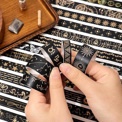 36 Rolls Glow-in-The-Dark Starry Washi Tape Set with Gold Foil Celestial Patterns - Writeable Decorative Tapes for Scrapbooking, Bible Journaling, Bullet Journals 0.6" x 79" per Roll