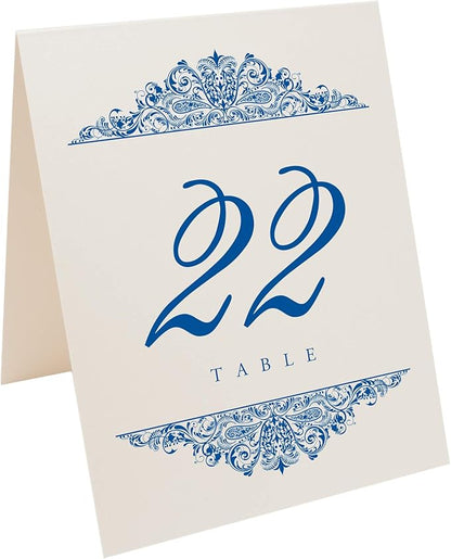 Paisley Wedding Table Numbers (Select Color/Quantity), Champagne, Royal Blue, 1-90, Double Sided, Tent or Use in a Stand, Great for Parties & Restaurants - Made in the USA