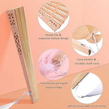 Qunclay 60Pcs Wooden Hand Fans Folding Wedding Fans for Guest Chinese Hollow Pattern with White Tassel and Gift Bag for Wedding Bridal Shower Birthday Party Favors Gift and Home Decor(Delicate Style)