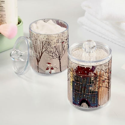 Gredecor Christmas Winter Qtip Holder Dispenser 2 Pack Snowmen Snow Courtyard with Trees Bathroom Decorative Storage Canister Holder Counter Vanity Organizer for Cotton Ball Swabs Pads Floss