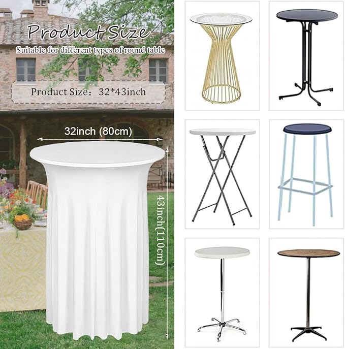 Albassa 2 Pack Cocktail Table Covers 32"x 43" Spandex Stretch Round Cocktail Tablecloths with Wavy Drapes Fitted High Top Bar Table Skirt for Wedding Party Banquet (White, 2 PCS)