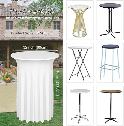 Albassa 2 Pack Cocktail Table Covers 32"x 43" Spandex Stretch Round Cocktail Tablecloths with Wavy Drapes Fitted High Top Bar Table Skirt for Wedding Party Banquet (White, 2 PCS)
