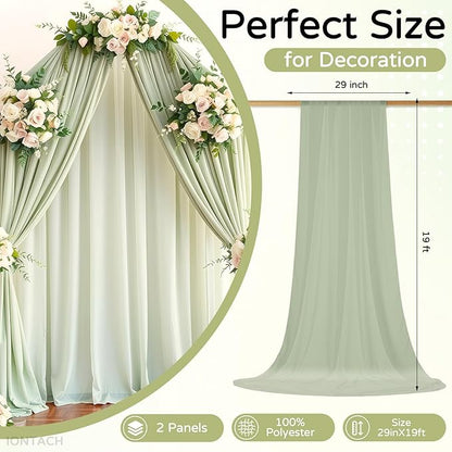 Wedding Arch Draping Fabric 29" x 19Ft Sheer Drapes for Backdrop Wedding Ceremony Reception Ceiling Decor Curtain Baby Bridal Shower Decoration (Sage Green, 2 Panels)