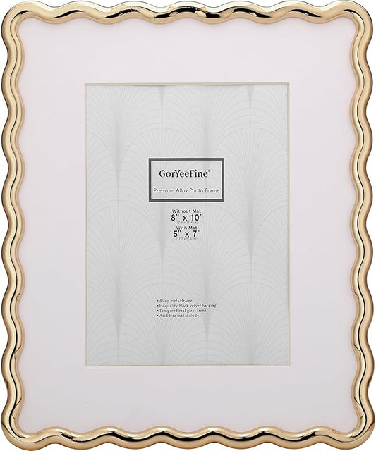 8 x 10'' Heavy-Duty Zinc Alloy Gold Photo Frames with Acid Free Mat for 5x7'',Wave Design Gold Picture Frame 8x10'' with Black Velvet Back