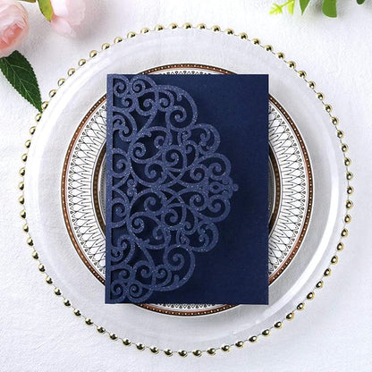 PONATIA 5.12 x 7.2 Laser Cut Invitation Pocket, 20PCS Tri-Fold 5 x 7 Laser Cut Wedding Invitation Pockets with Envelopes for Wedding Bbay Shower Birthday Sweet 16 Invite (Navy Blue, No Inner Sheet)