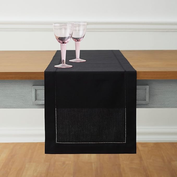 Solino Home Cotton Linen Black Table Runner 120 Inches Long - Hemstitch 14 x 120 Inch Table Runner for Fall, Autumn, Halloween, Thanksgiving, Holiday