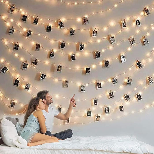 Photo Clip String Light - 33Ft 100LED Fairy Lights with Clips for Pictures With Timer, Photo Light with 50 Clear Clips for Bedroom Christmas Wedding Décor